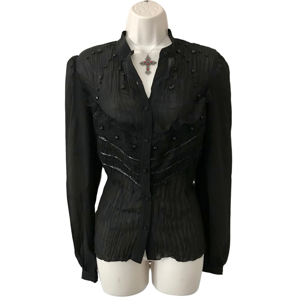 90s Vintage Style Black Sheer Goth Grunge Sequin Lace Long Sleeve Blouse Medium
